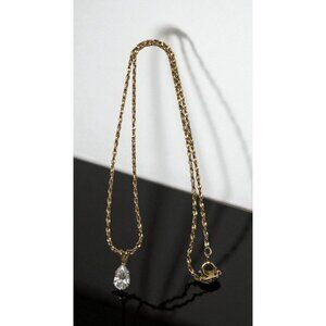 Gold Tone Necklace With Pear Cut Rhinestone Pendant Elegant